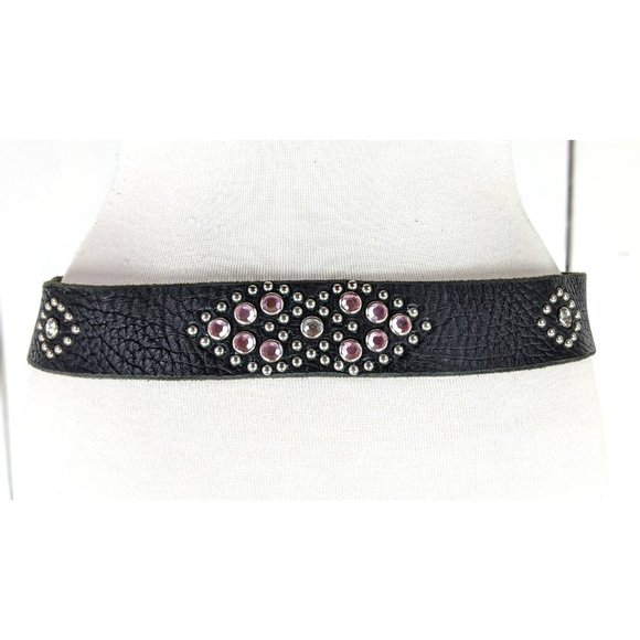 Vintage wide black metal studded rhinestones beaded leather belt 32 - Picture 4 of 5